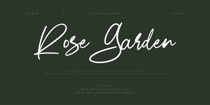 Rose Garden, Luxury script alphabet letters font with tails. Typography elegant classic lettering serif fonts and number decorative vintage retro concept for logo branding. vector illustration
