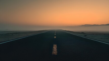 Road to Horizon: A solitary road stretches into the distance, disappearing into a hazy horizon illuminated by the warm hues of the setting sun, offering a sense of journey and exploration.