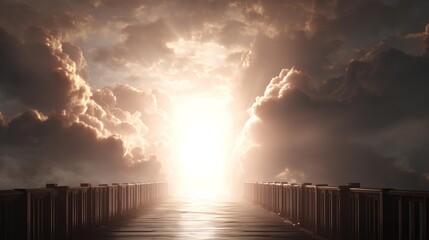 Celestial Pathway: A pathway of enlightenment guides us toward a radiant, celestial light. The serene ambiance hints at hope, faith, and the possibility of transcendence.