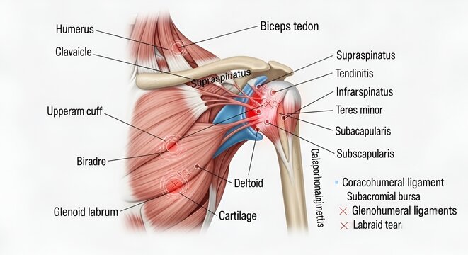 Anatomical illustration of the human shoulder joint and surrounding muscles.