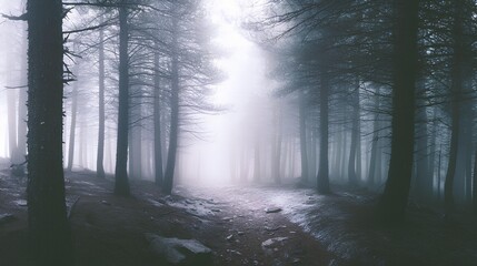 Obraz premium Mystical Forest Path: A hushed forest path vanishes into a misty unknown, casting an air of enigma and inviting viewers on a spellbinding journey of discovery.