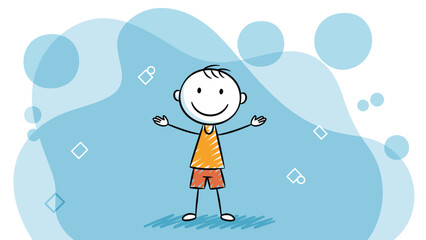 Obraz premium Playful stick figure illustration of a happy boy with open arms in a orange shirt and red shorts on a blue abstract background.