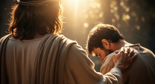 Jesus Christ wearing a crown of thorns gently placing his hand on the shoulder of a bowing man, offering comfort, forgiveness, and blessing in warm divine sunlight