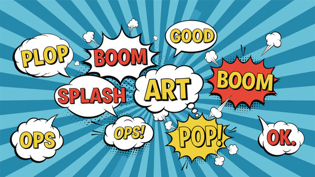 Collection of colorful comic book speech bubbles and starbursts featuring sound effects like boom, splash, pop, and plop words.