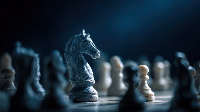 Strategically Placed Chess Knight Surrounded by Pawn and Piece Opponents in a Dramatic Lighting Setting
