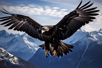 Obraz premium Golden eagle soaring with outstretched wings above a majestic winter mountain landscape