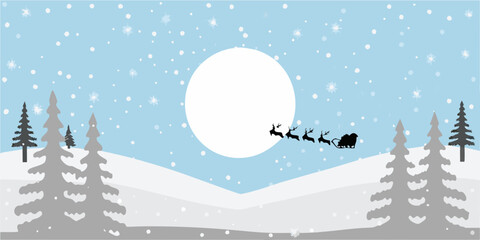 Santa claus and reindeer fly across a winter landscape with a full moon © Ramanath