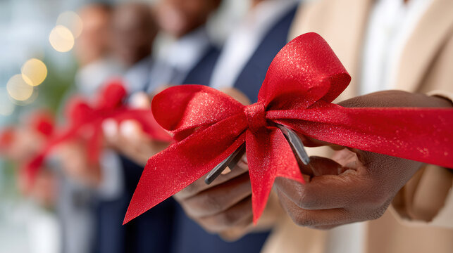 Business grand opening ribbon cutting close up with red ribbon and scissors for ceremony announcement marketing materials and store launch celebration background
