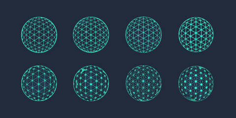 Abstract arrangement of glowing teal polygonal oval shapes against a dark background