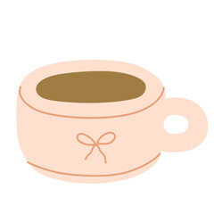 Pink coffee cup with bow. Hot drink illustration for cafe menus, branding and cozy autumn designs. Hand drawn vector illustration.
