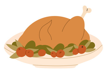 Roast turkey. Festive food illustration for Thanksgiving designs, autumn feasts and holiday menus. Hand drawn vector illustration.