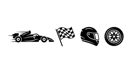 Naklejka premium Formula 1 Racing Icon Vector Set – Speed Car, Helmet, Tire, and Checkered Flag Symbols for Motorsport Graphics, Race Posters, and Automotive Design Projects