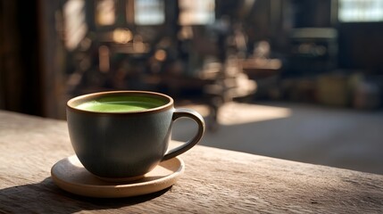 Obraz premium A close up view of a frothy green matcha tea in a ceramic cup and saucer on a rustic wooden surface with a blurred industrial background bathed in