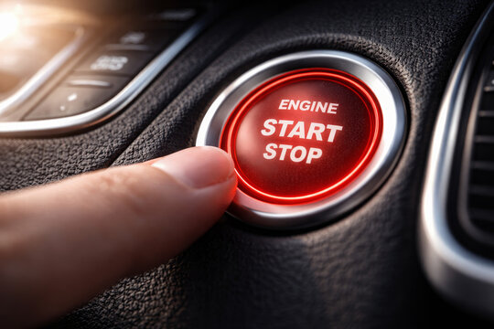 Close-up of finger pressing start stop engine button in car