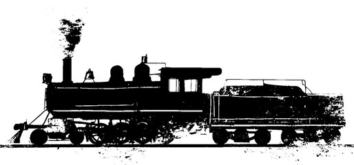 Obraz premium Vintage steam engine silhouette illustration in high contrast black and white - retro ink design for posters and cards