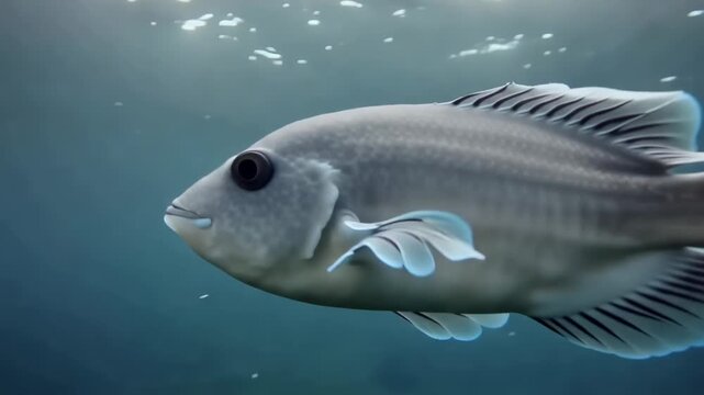 Close up of silver fish swimming gracefully underwater in a calm environment showing the details of the fins and scales