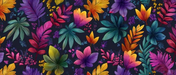 Fototapeta premium Colorful Tropical Leaves and Butterflies Pattern on Dark Background for Fabric or Wallpaper