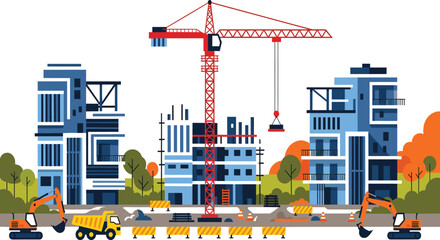 Urban construction site with tower crane, excavators and city buildings vector illustration © MDRIFAT