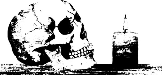 Obraz premium Skull and candle in high contrast black and white ink art for gothic decor and design