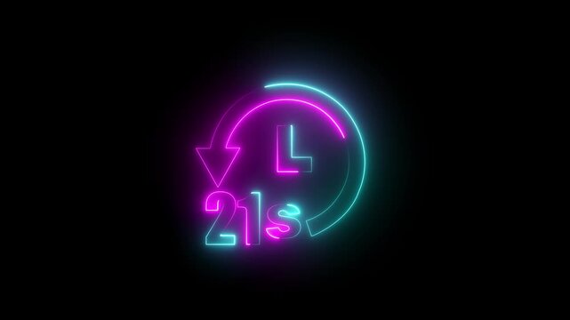 Glowing neon line 21 seconds countdown timer. 1 minutes countdown animation with refreshing arrow. stopwatch concept on black background.