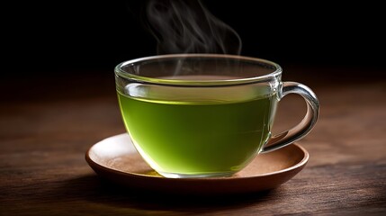 Obraz premium A steaming cup of vibrant hot green tea in a clear glass mug on a rustic wooden saucer radiating warmth and aroma