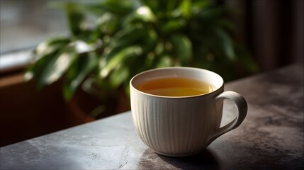 Obraz premium A textured ceramic mug of warm amber tea sits on a dark surface bathed in soft light with a blurred green plant behind