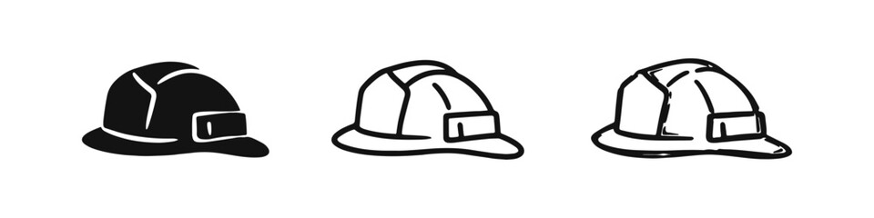 Firefighter Helmet Icon Set: Black and White Doodle Illustrations of Safety Headgear