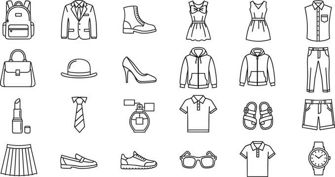 Minimal Fashion Accessories and Clothing Line Icons Set Featuring Shoes Bags Dresses Watches and Apparel Outline Vector Collection