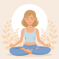 Young woman meditating in lotus pose with leaves background
