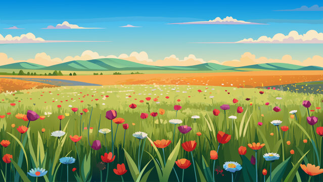 A wide open field filled with subtle wildflower textures stretching toward horizon under clear sky clean minimal vector illustration flat design uncluttered composition