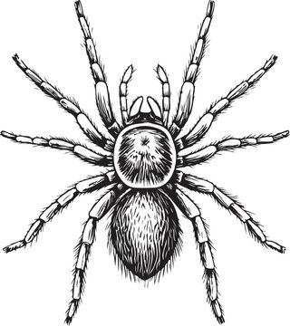 Spider tarantula Hand-drawn Sketch Drawing Vector Illustration, Line Linear Symbol Black and White Engraving, Isolated