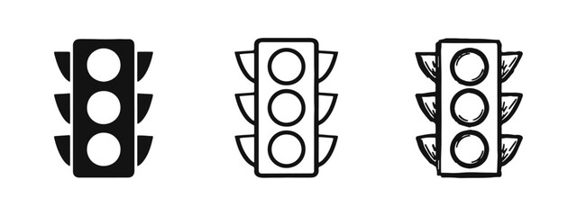 Traffic Light Icons Set: Solid, Outline, and Hand-Drawn Styles © drawing lines