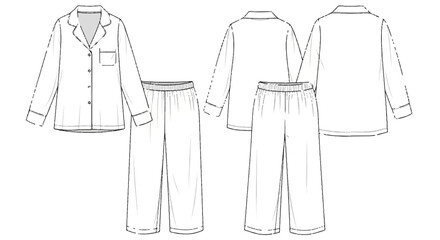 Pajama Set Technical Flat Sketch Vector for Fashion Design with Front and Back Views isolated PNG with Transparent Background