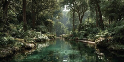 Fototapeta premium Lush Green Forest with Crystal Clear River Flowing Through.