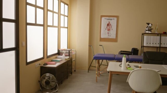 Blurred physical therapy office with soft bokeh and defocused treatment table and frosted windows, muted tones; background backplate copyspace template calm.