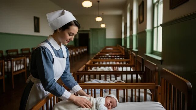 Vintage Nurse In Historical Hospital Setting Tends To Baby In Crib With Rows Of Other Cribs In The Background Possibly For Healthcare Historical Medical Related Content