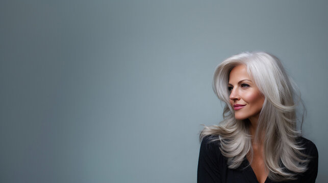 long layered hairstyle for women over 50 side view portrait, happy mature woman with long white layered hair side swept style