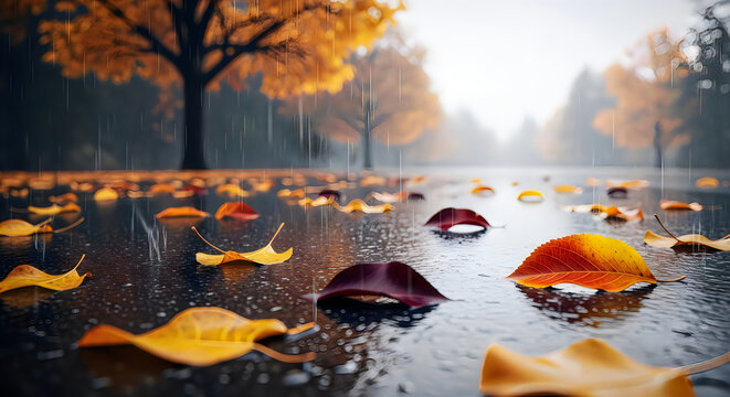 Golden leaves scatter on rainy autumn sidewalk