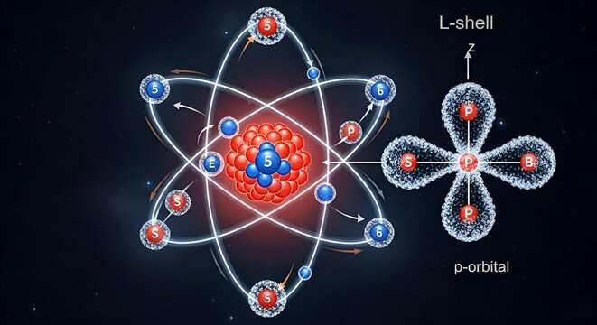Atomic Structure Diagram with Electron Shells and Orbitals.