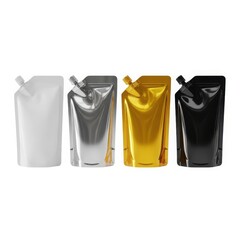 Assorted colored pouches with spouts for liquid packaging and storage isolated on white background