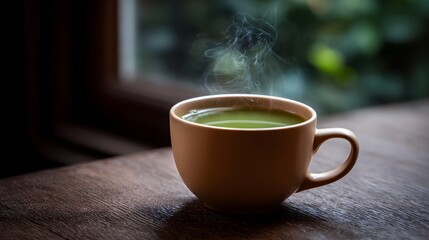 Fototapeta premium A steaming hot cup of vibrant green tea rests on a rustic wooden table with a soft blurred natural backdrop creating a peaceful atmosphere