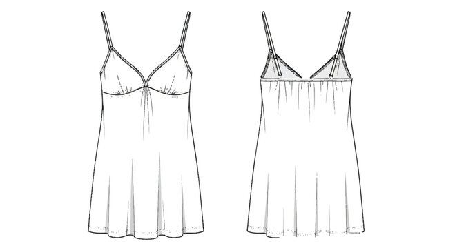 Vector Technical Flat Sketch of Babydoll Nightgown Lingerie with Front and Back Views, isolated PNG with Transparent Background