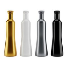 Assorted metallic bottles with gold caps displayed in a row isolated on white background