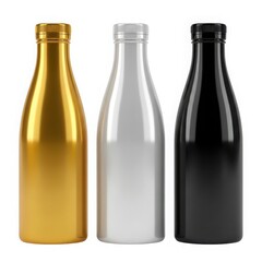 Three distinct bottles with unique colors and metallic finishes displayed together. isolated on white background