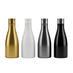 Assorted wine bottles displayed in gold, white, gray, and black isolated on white background