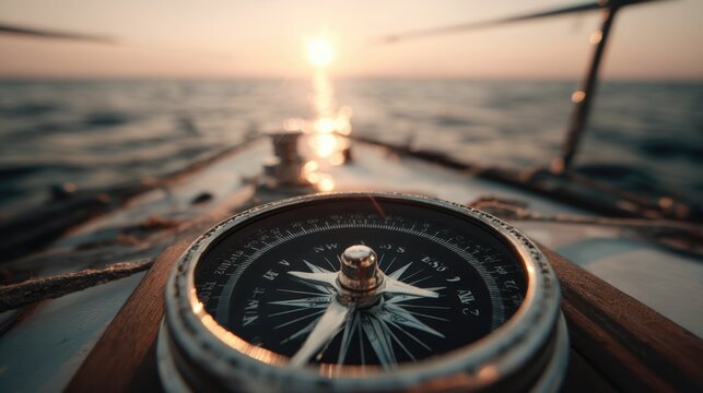 Close-up of a Nautical Compass at Sunset on a Sailboat with Glimmering Ocean Waves in the Background