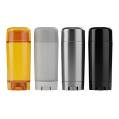 Assorted colors of deodorant bottles lined up against a white background isolated on white background