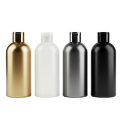 Assorted bottles in different colors and materials displayed in a row isolated on white background