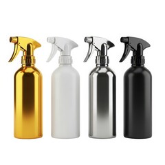 Four spray bottles in different colors and materials displayed in a row isolated on white background