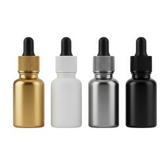 Assorted dropper bottles in gold, white, silver, and black for essential oils isolated on white background